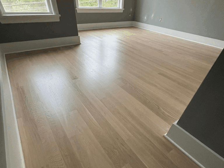 Room with newly installed 4" White Oak flooring finished with Nordic Seal and Bona Mega