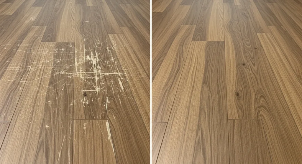 Laminated flooring repairs before and after with Tri-State Hardwood Flooring service