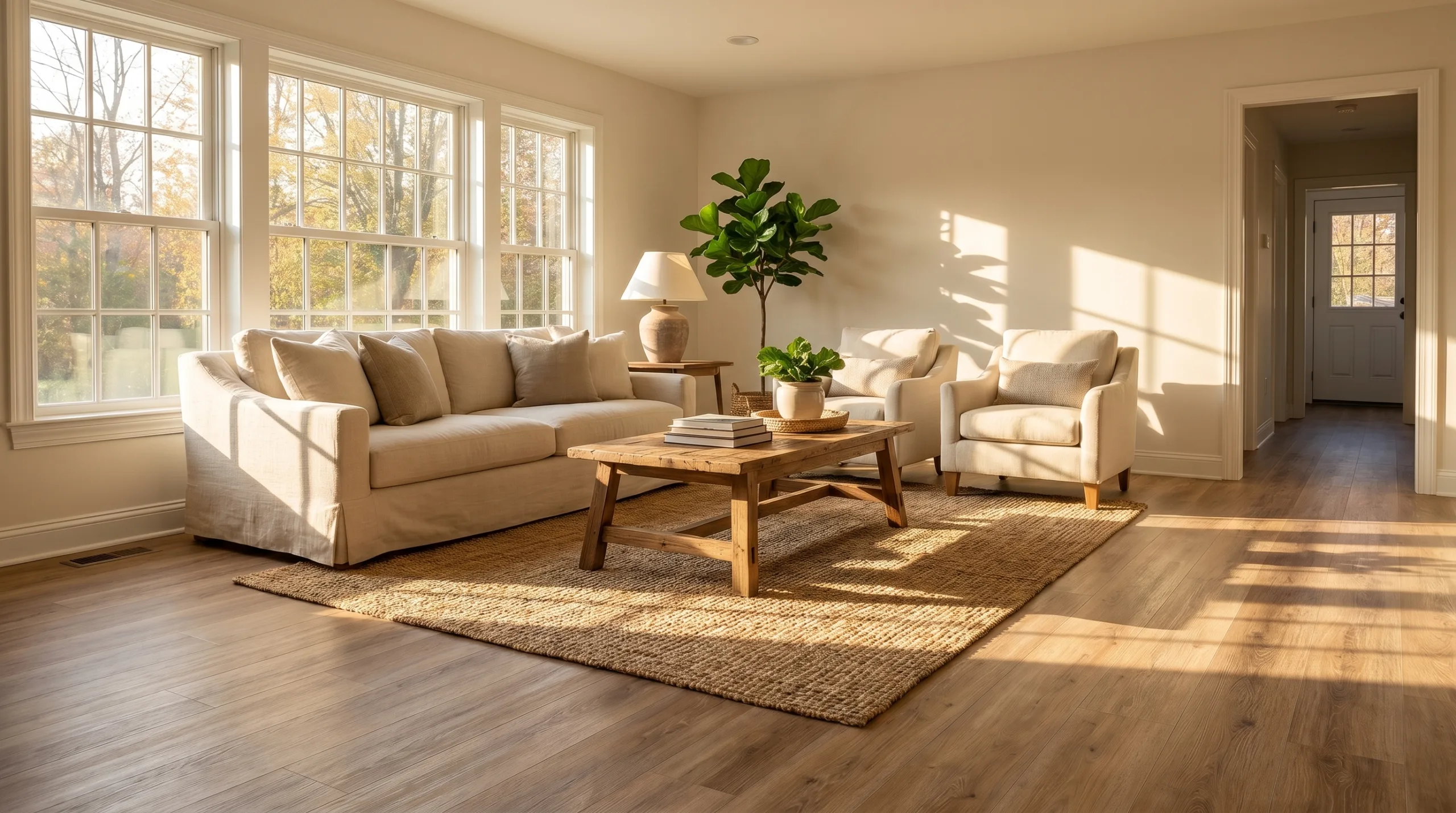 A warm, sun-drenched photograph of a cozy living room featuring a comfortable linen sofa and armchairs, and a rustic reclaimed wood coffee table on a woven rug. The entire space is flooded with natural light from large windows looking out onto autumn trees. The smooth, wood-look vinyl plank flooring is beautifully illuminated, showcasing the seamless installation and highlights the professional results possible with Vinyl Repair CT.