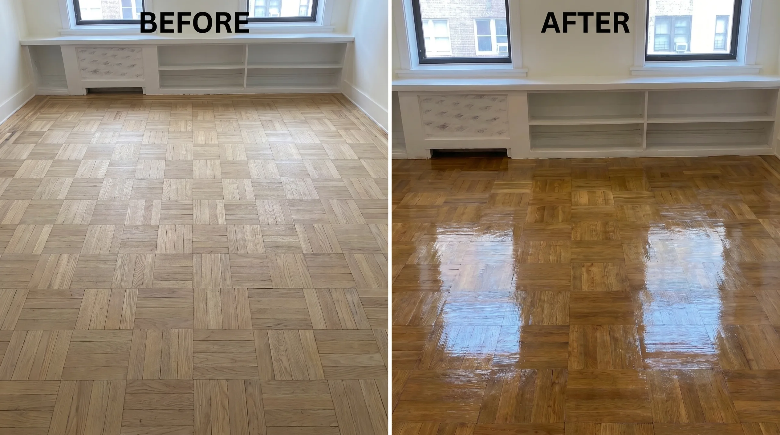 A side-by-side diptych comparison labeled 'BEFORE' and 'AFTER'. The left panel shows an empty room with light-colored, matte parquet wood flooring. The right panel shows the same room with the flooring now refinished, stained a deep amber, and given a high-gloss, reflective finish.